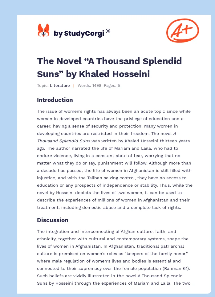 The Novel “A Thousand Splendid Suns” by Khaled Hosseini. Page 1