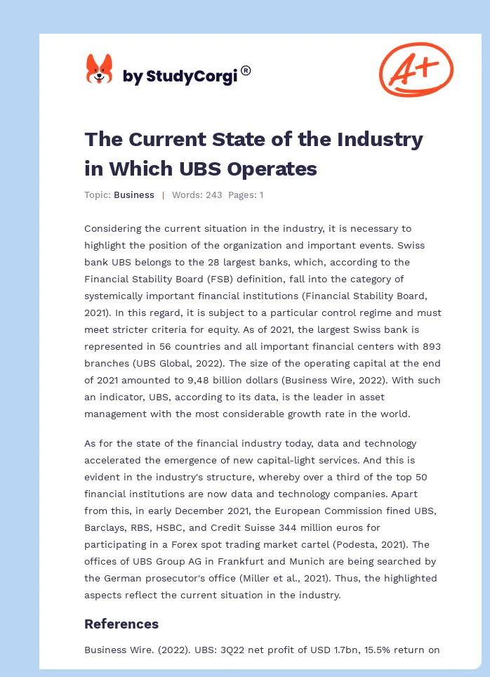 The Current State of the Industry in Which UBS Operates. Page 1