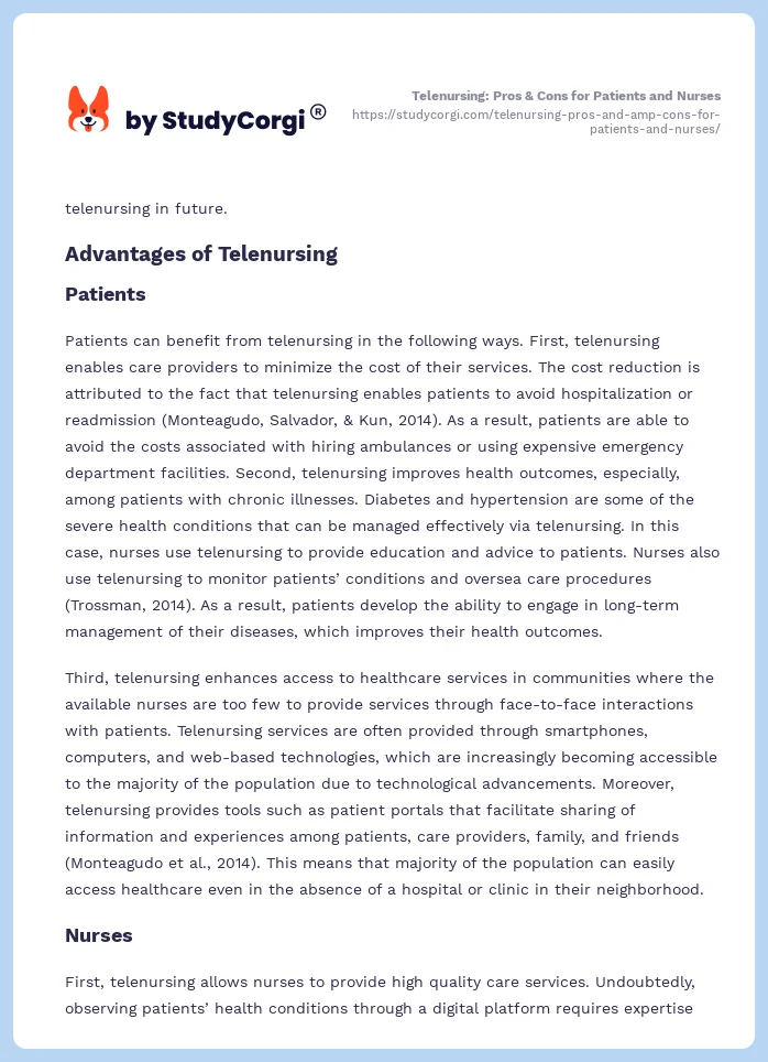 Telenursing: Pros & Cons for Patients and Nurses. Page 2