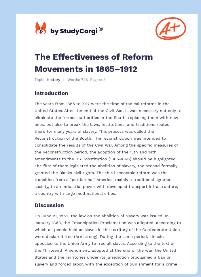 The Effectiveness of Reform Movements in 1865–1912. Page 1