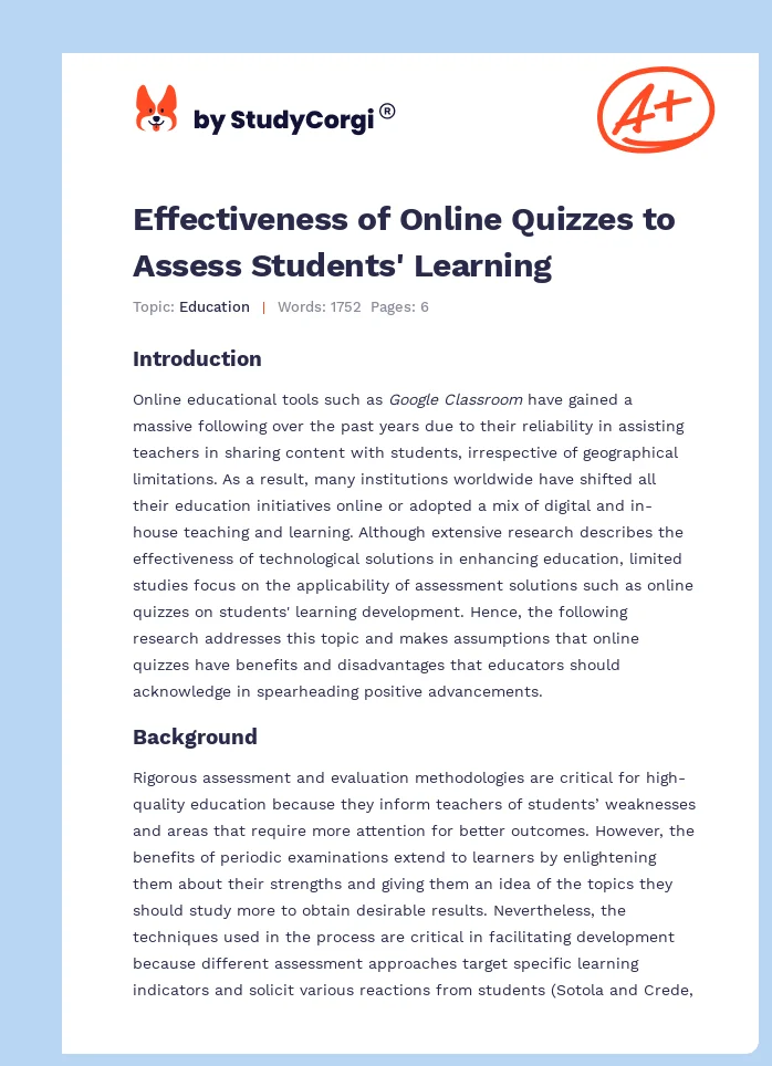 Effectiveness of Online Quizzes to Assess Students' Learning. Page 1