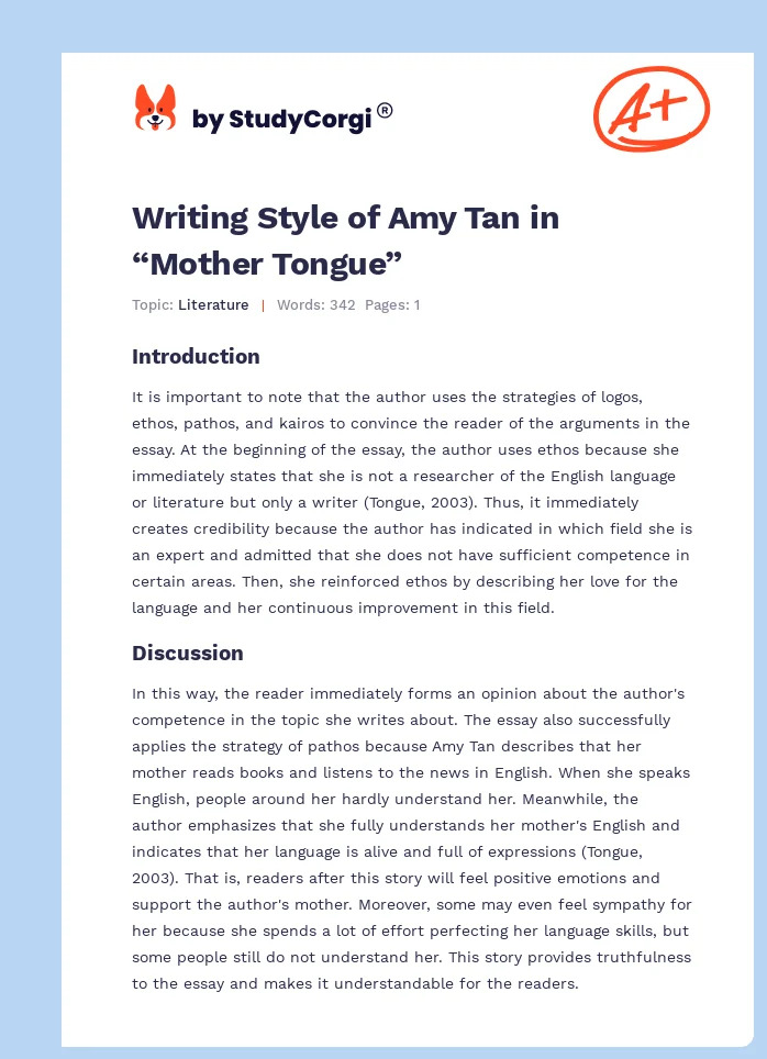 Writing Style of Amy Tan in “Mother Tongue”. Page 1