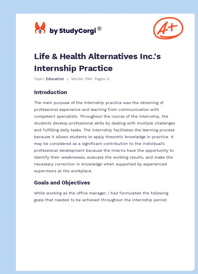 Life & Health Alternatives Inc.'s Internship Practice. Page 1