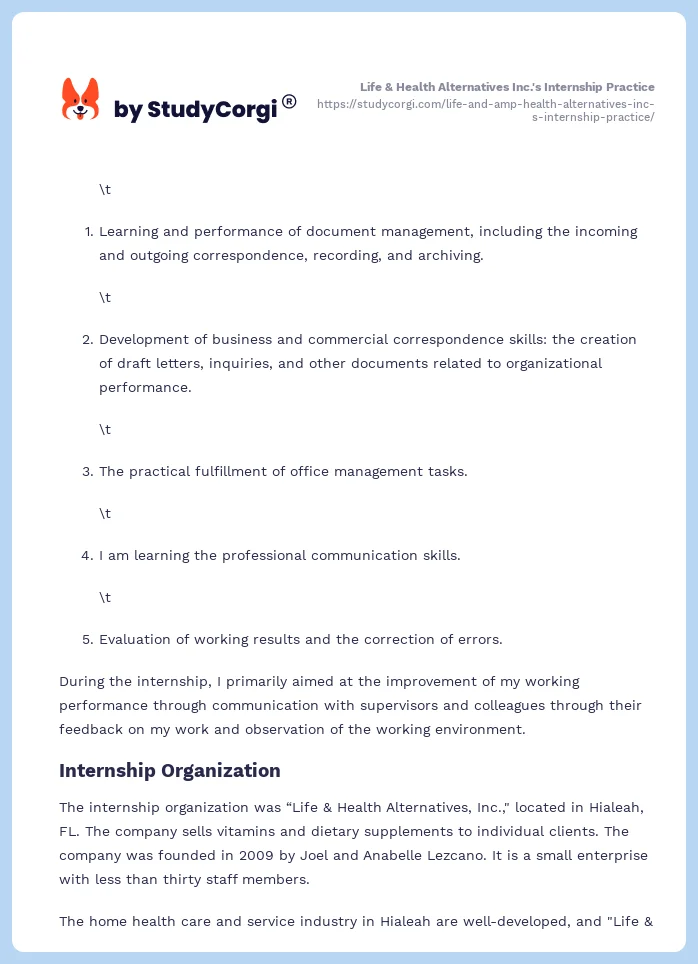 Life & Health Alternatives Inc.'s Internship Practice. Page 2