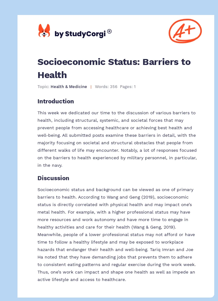 Socioeconomic Status: Barriers to Health. Page 1