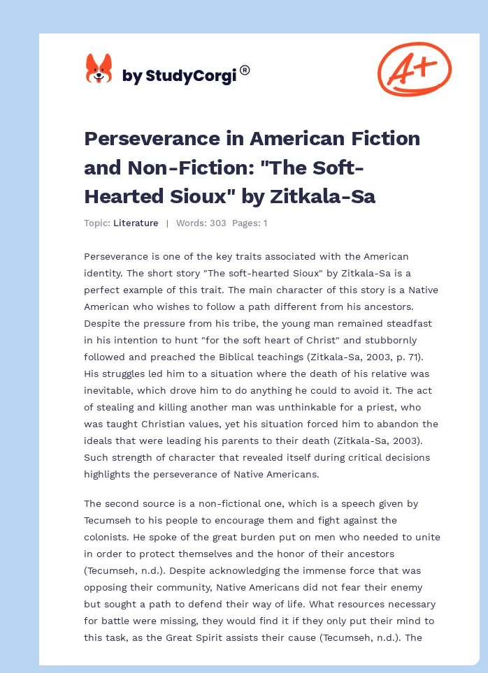 Perseverance in American Fiction and Non-Fiction: "The Soft-Hearted Sioux" by Zitkala-Sa. Page 1