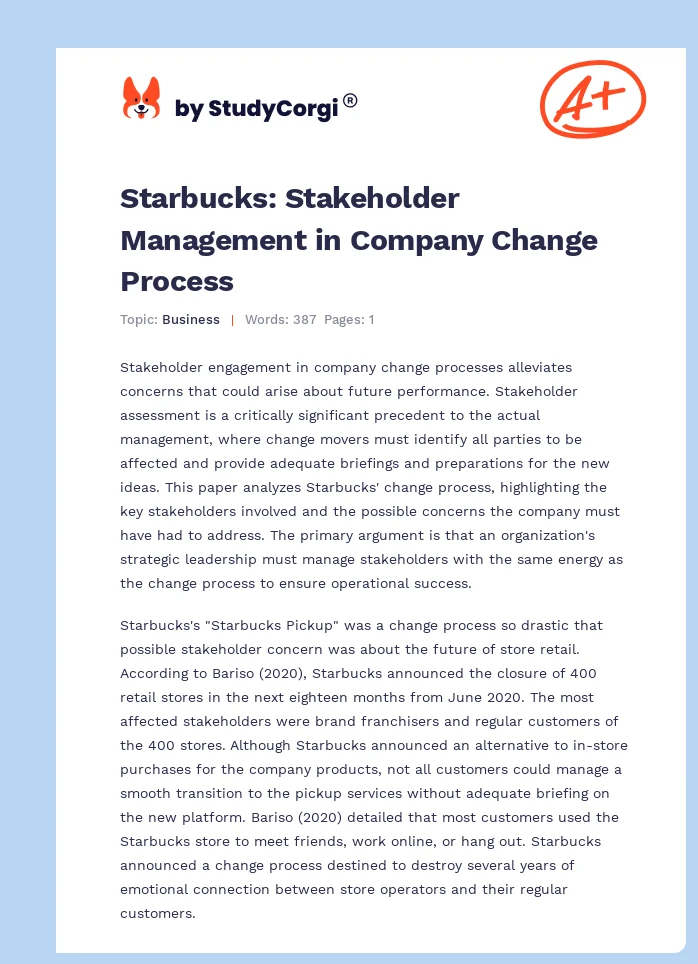 Starbucks: Stakeholder Management in Company Change Process. Page 1