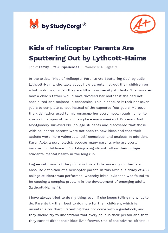 Kids of Helicopter Parents Are Sputtering Out by Lythcott-Haims. Page 1