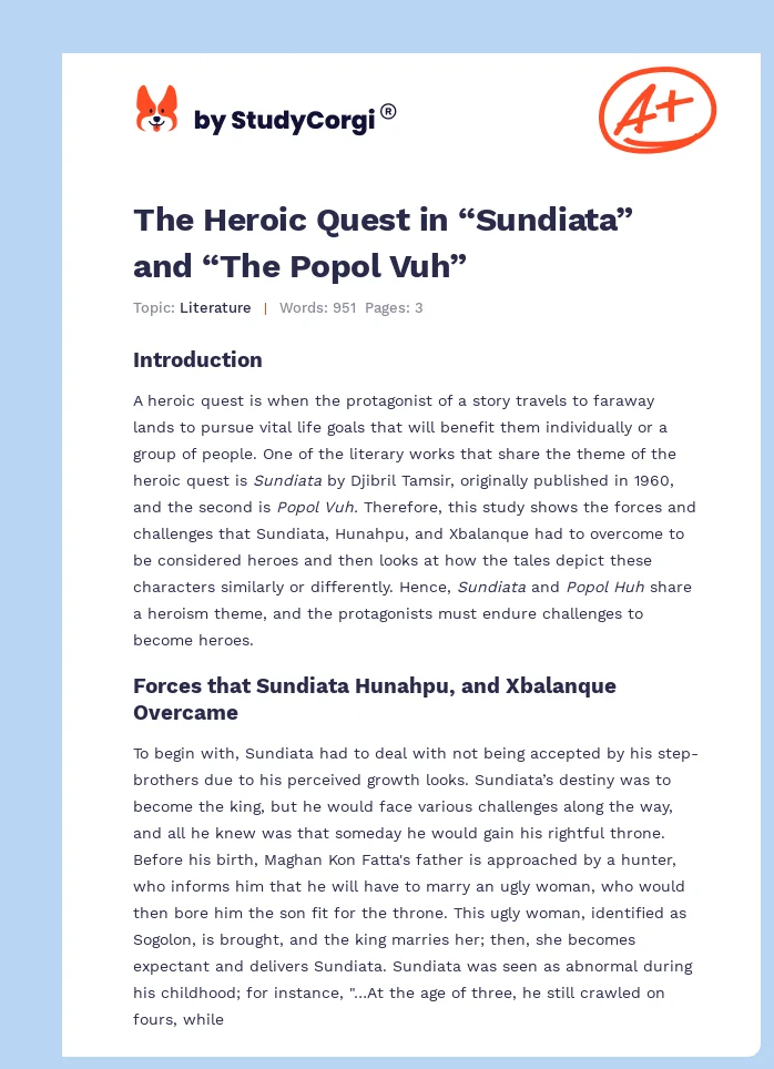 The Heroic Quest in “Sundiata” and “The Popol Vuh”. Page 1