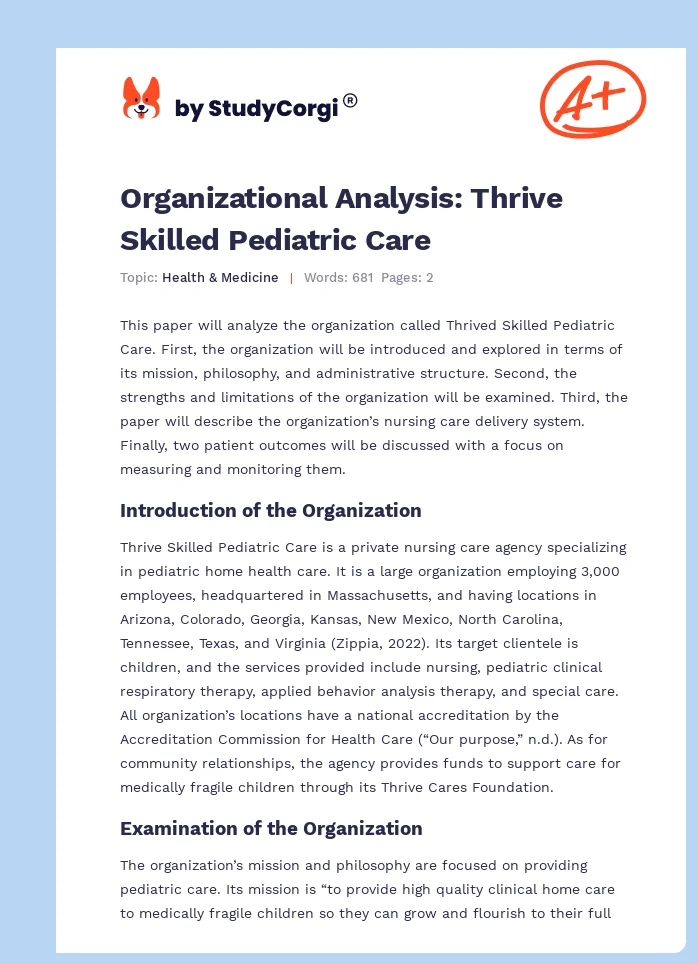Organizational Analysis: Thrive Skilled Pediatric Care. Page 1
