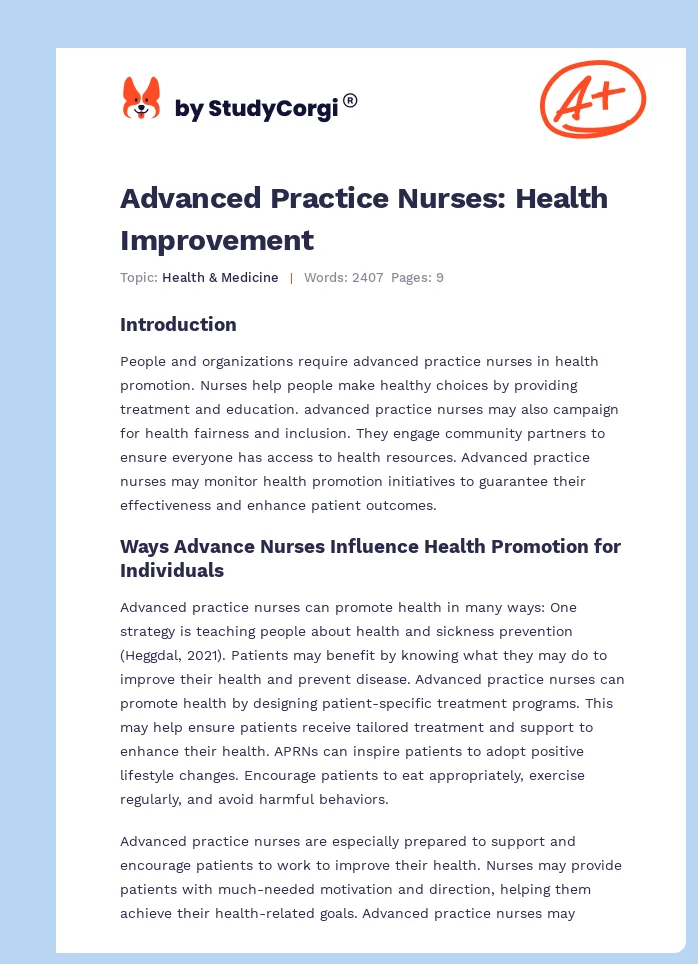 Advanced Practice Nurses: Health Improvement. Page 1