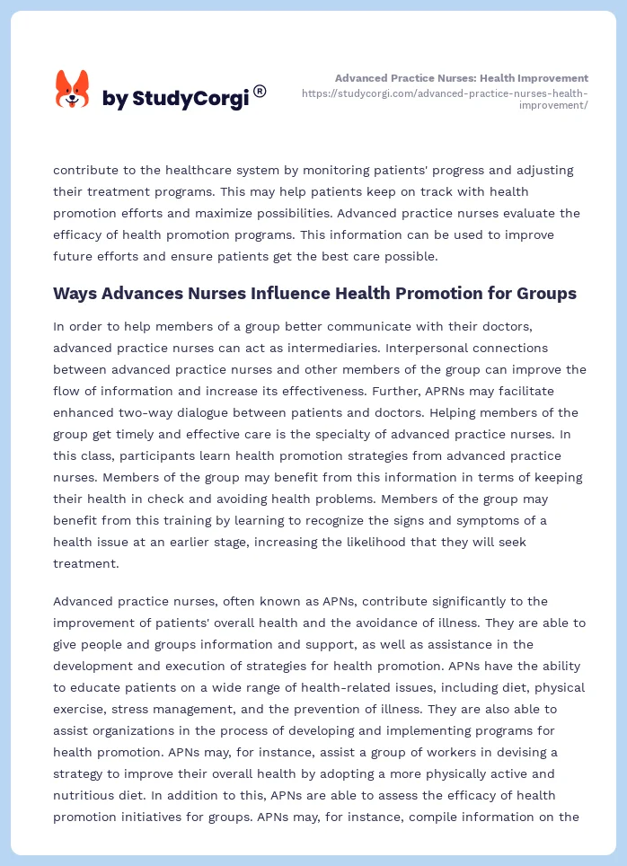 Advanced Practice Nurses: Health Improvement. Page 2