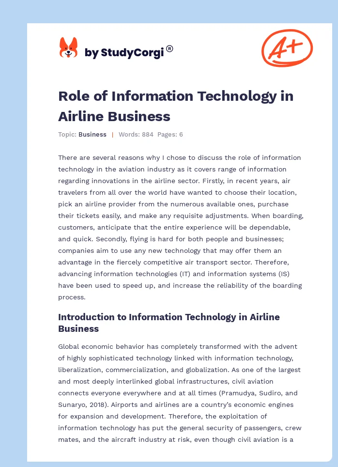 Role of Information Technology in Airline Business. Page 1