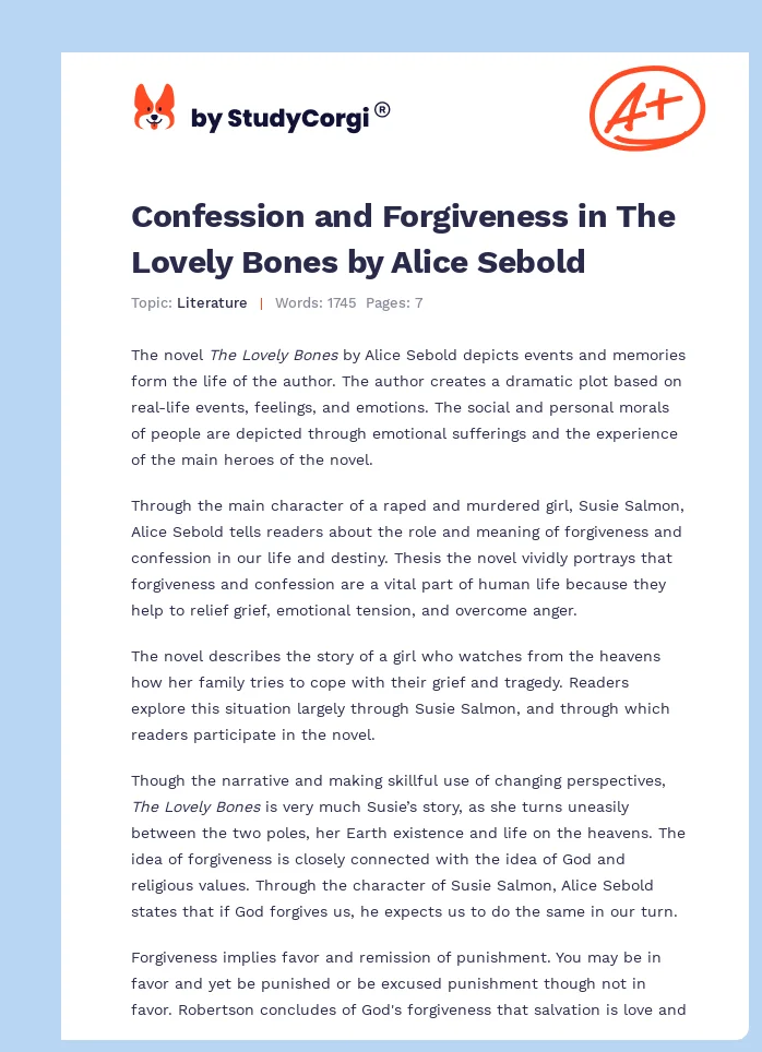 Confession and Forgiveness in The Lovely Bones by Alice Sebold. Page 1