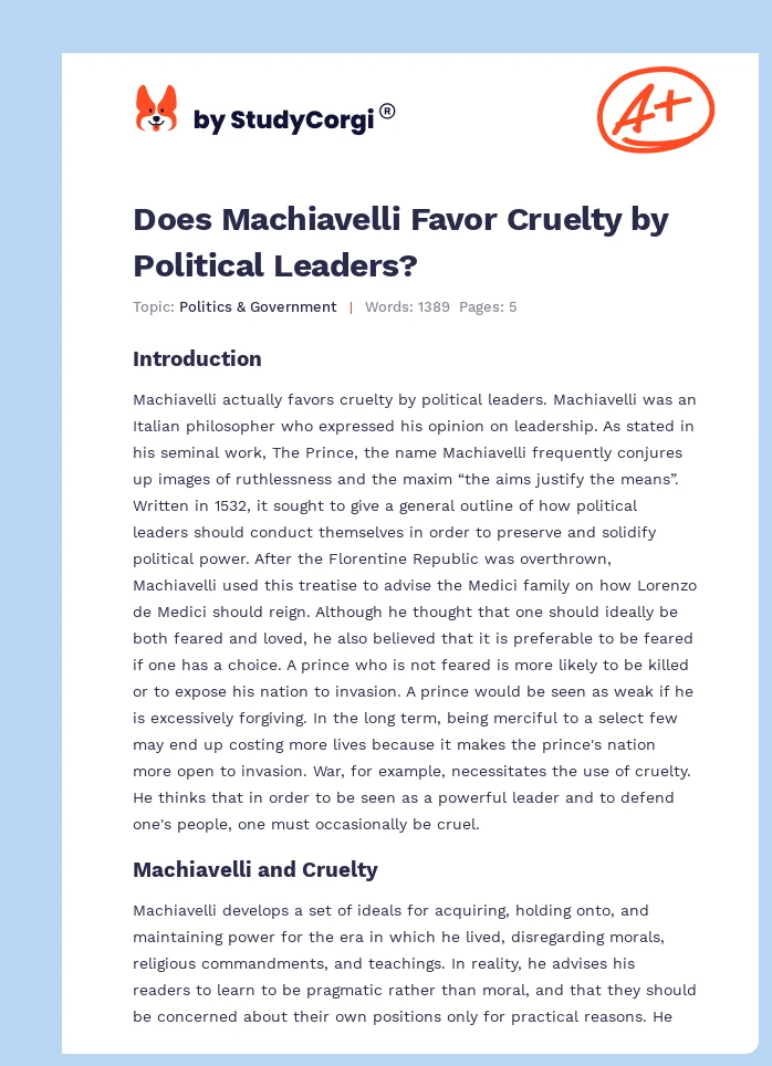 Does Machiavelli Favor Cruelty by Political Leaders?. Page 1