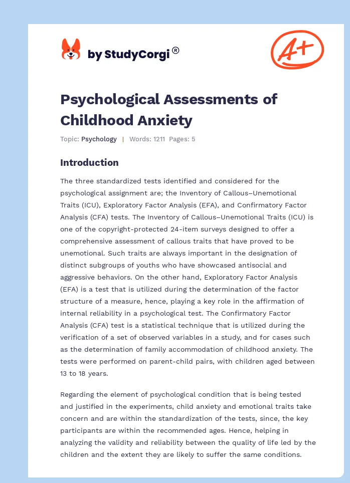 Psychological Assessments of Childhood Anxiety. Page 1