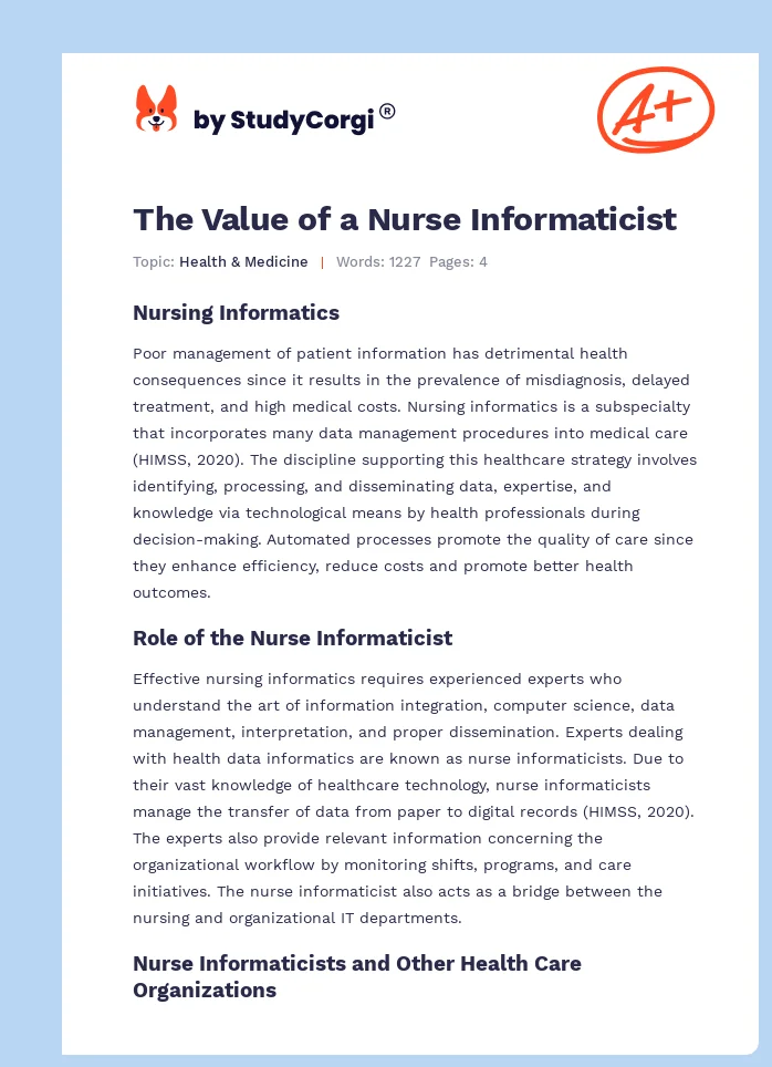 The Value of a Nurse Informaticist. Page 1