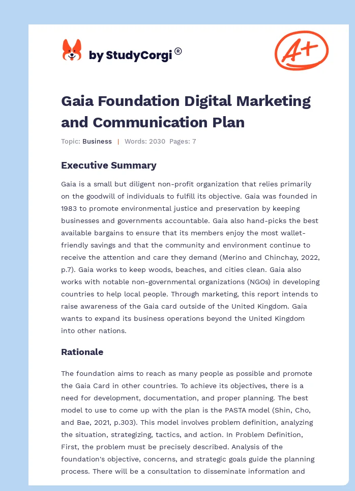 Gaia Foundation Digital Marketing and Communication Plan. Page 1