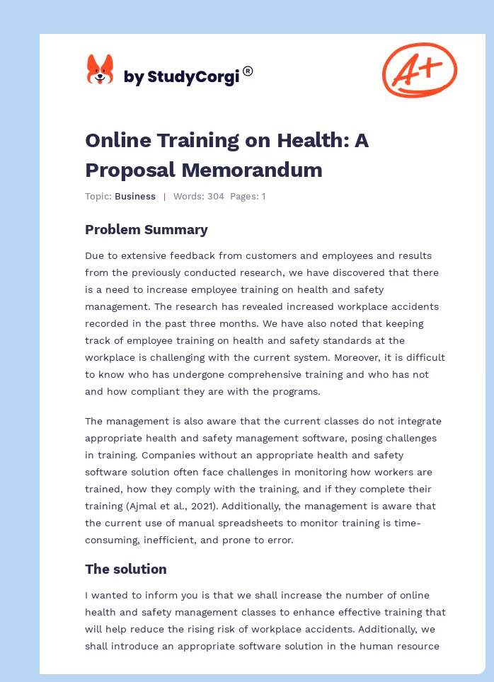 Online Training on Health: A Proposal Memorandum. Page 1
