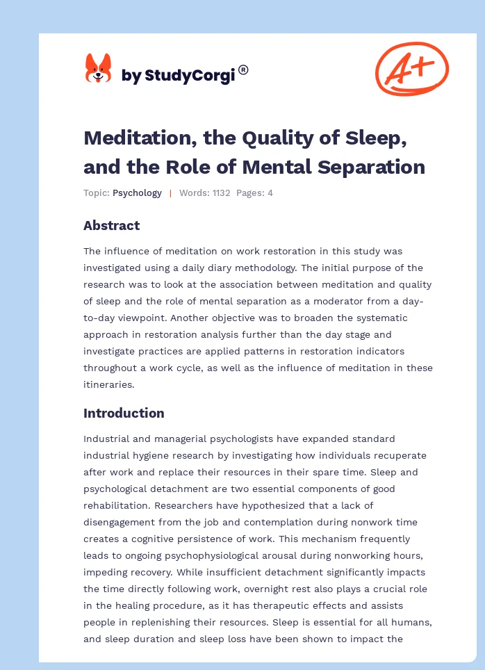 Meditation, the Quality of Sleep, and the Role of Mental Separation. Page 1