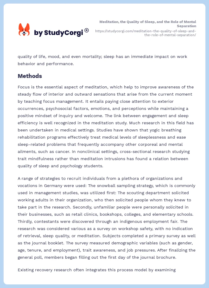 Meditation, the Quality of Sleep, and the Role of Mental Separation. Page 2