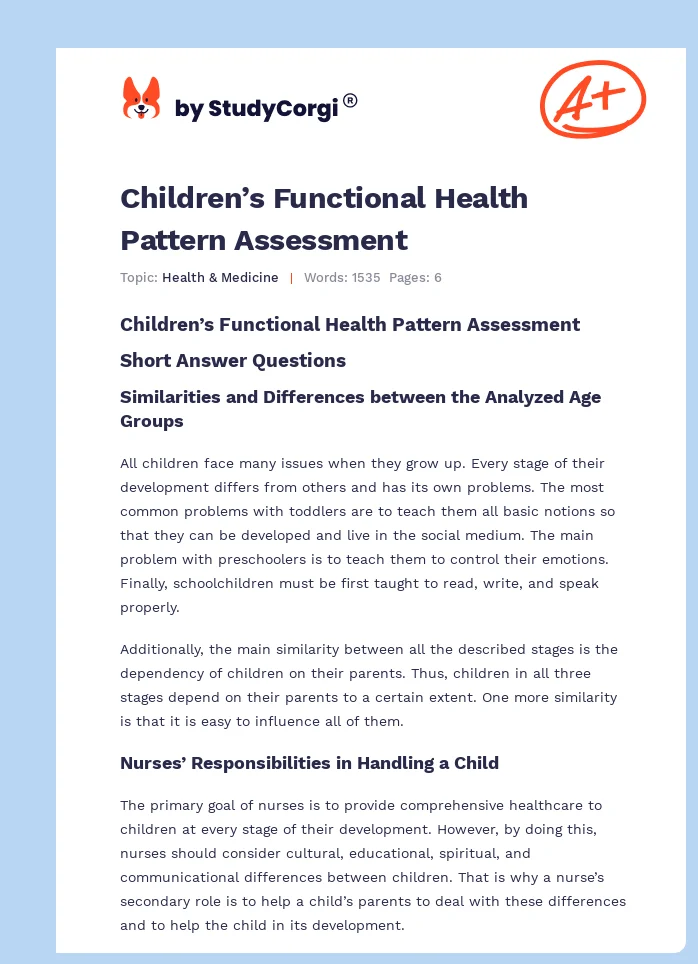 Children’s Functional Health Pattern Assessment. Page 1