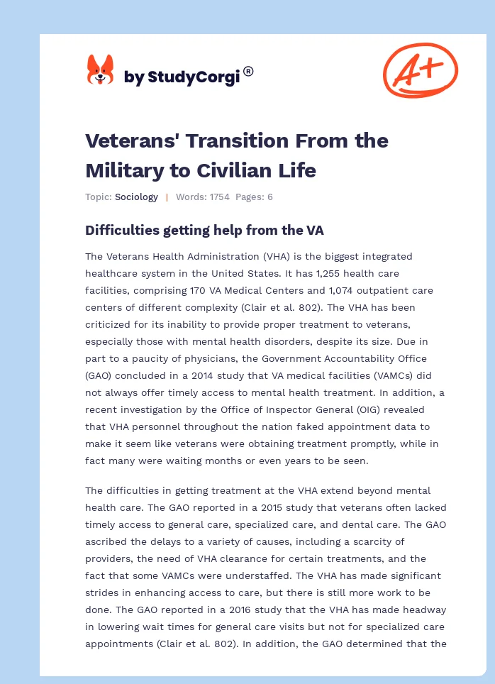 Veterans' Transition From the Military to Civilian Life. Page 1