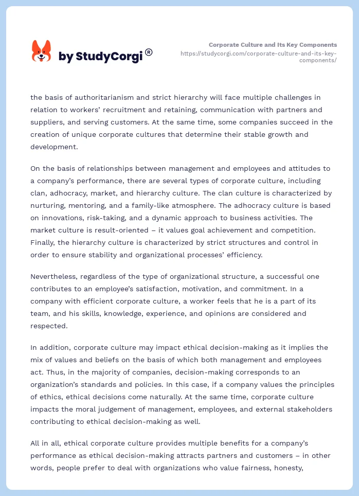 Corporate Culture and Its Key Components. Page 2