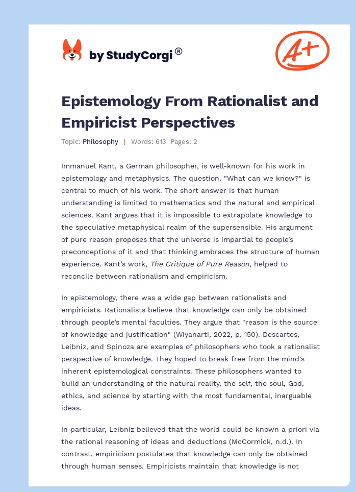Epistemology From Rationalist and Empiricist Perspectives. Page 1