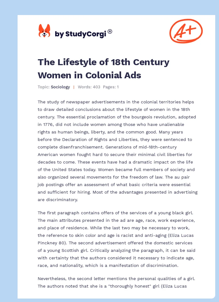 The Lifestyle of 18th Century Women in Colonial Ads. Page 1
