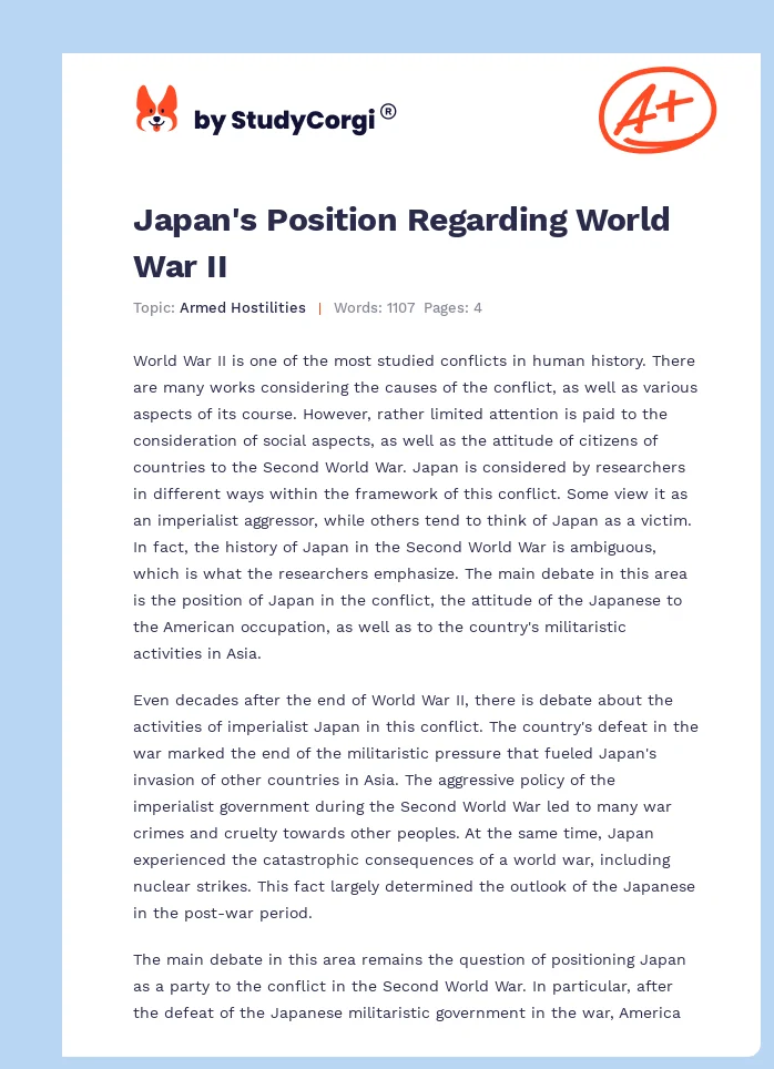 Japan's Position Regarding World War II. Page 1