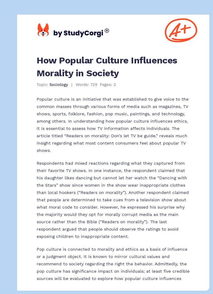 How Popular Culture Influences Morality in Society. Page 1