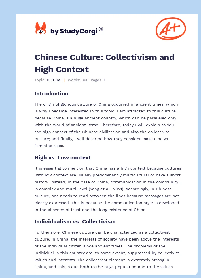 Chinese Culture: Collectivism and High Context. Page 1