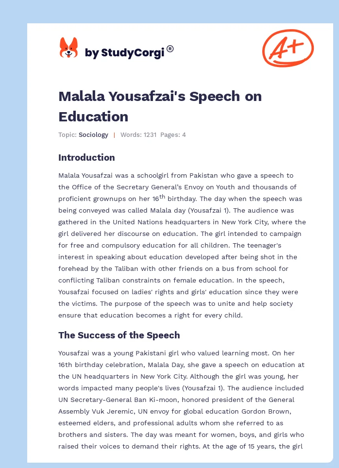 Malala Yousafzai's Speech on Education. Page 1