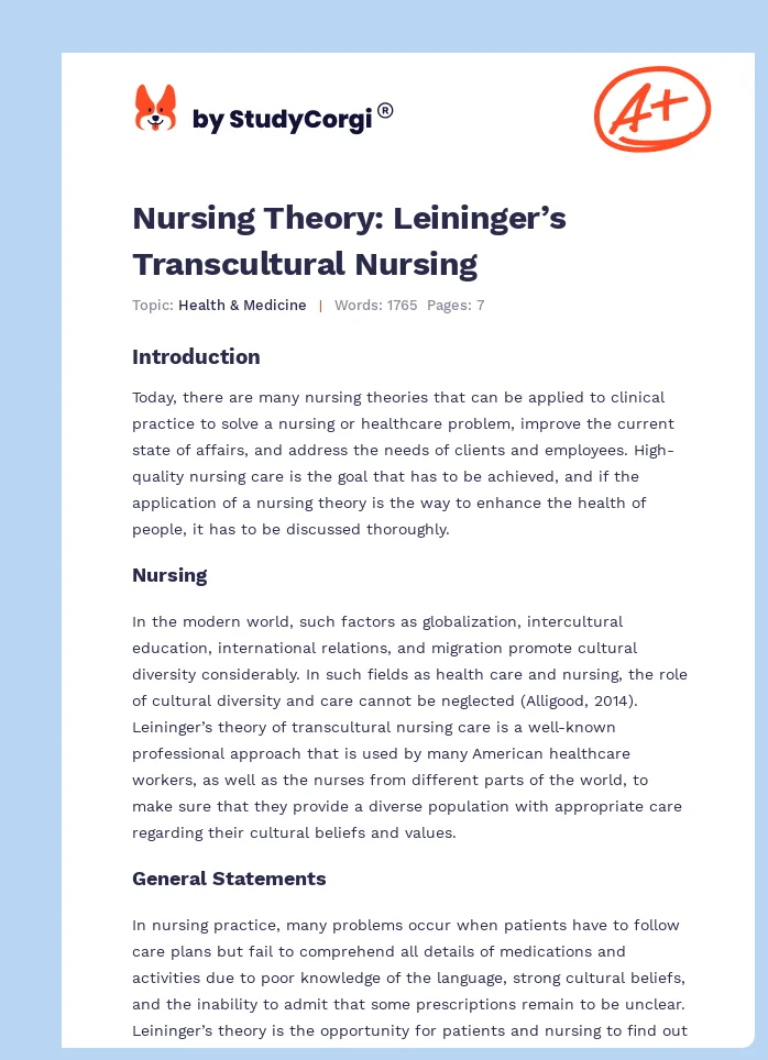Nursing Theory: Leininger’s Transcultural Nursing. Page 1