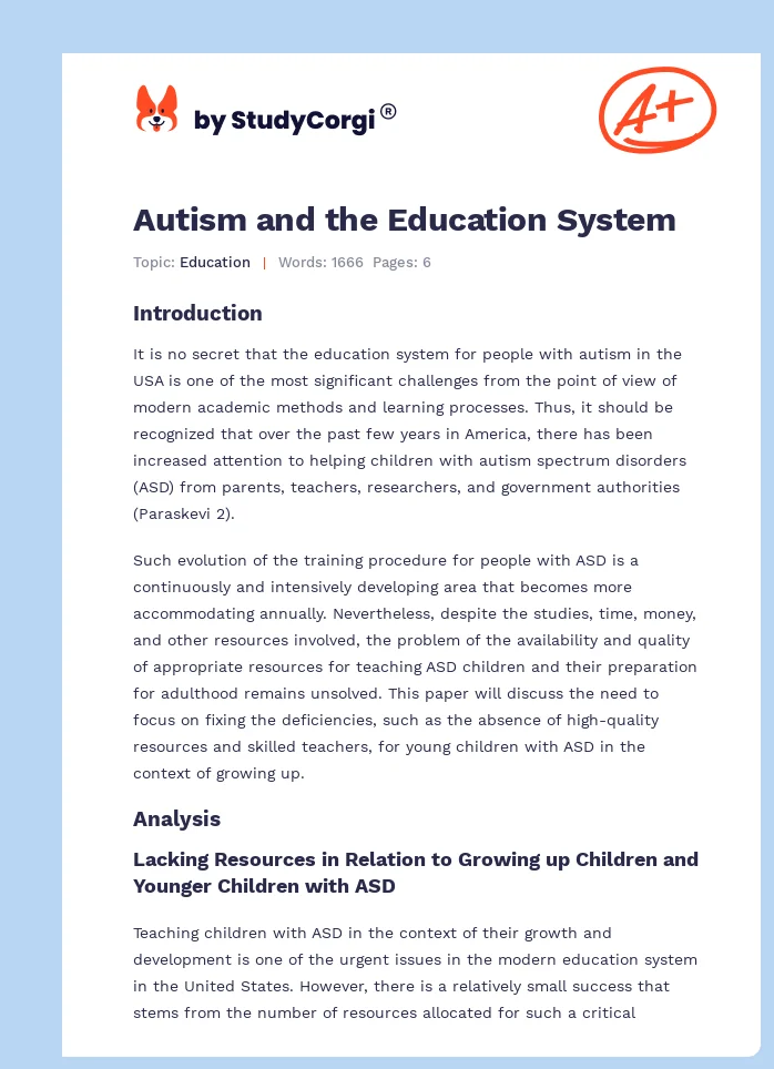 Autism and the Education System. Page 1