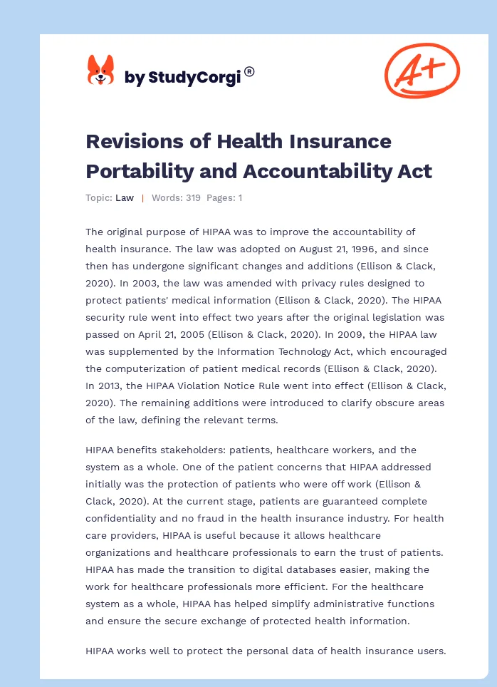 Revisions of Health Insurance Portability and Accountability Act. Page 1