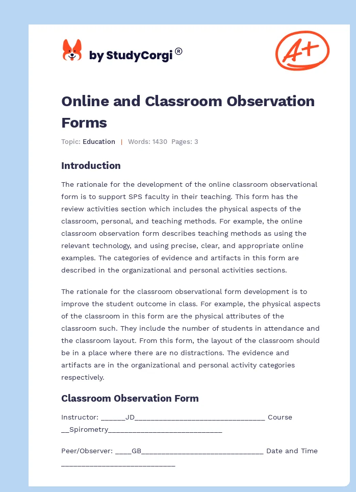 Online and Classroom Observation Forms. Page 1