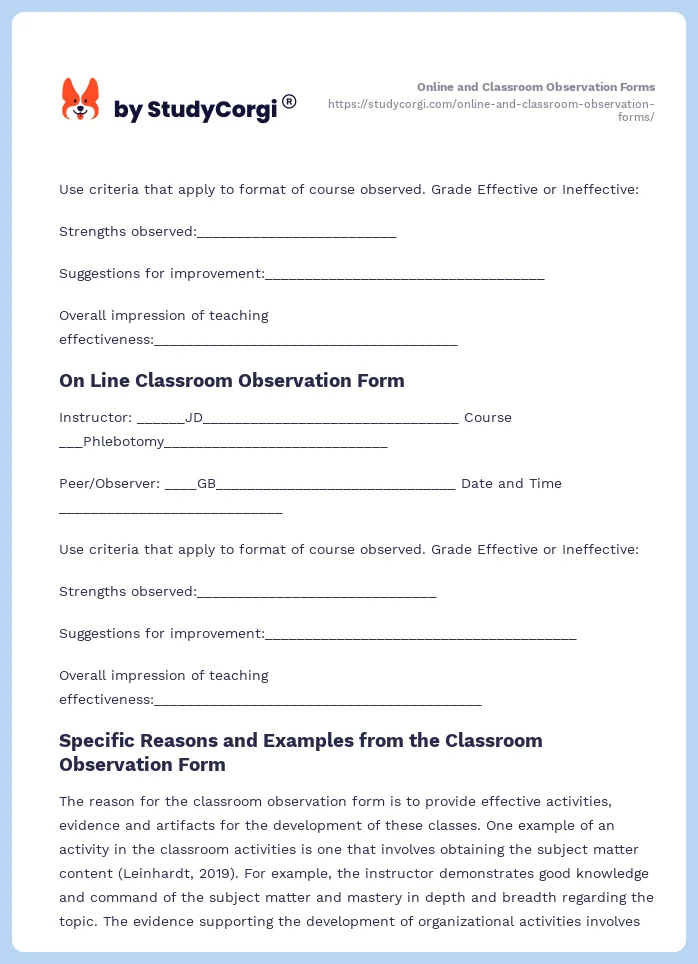 Online and Classroom Observation Forms. Page 2