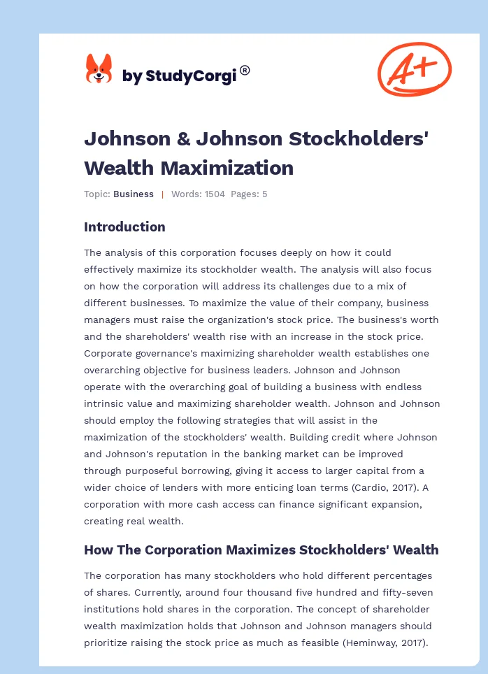 Johnson & Johnson Stockholders' Wealth Maximization. Page 1