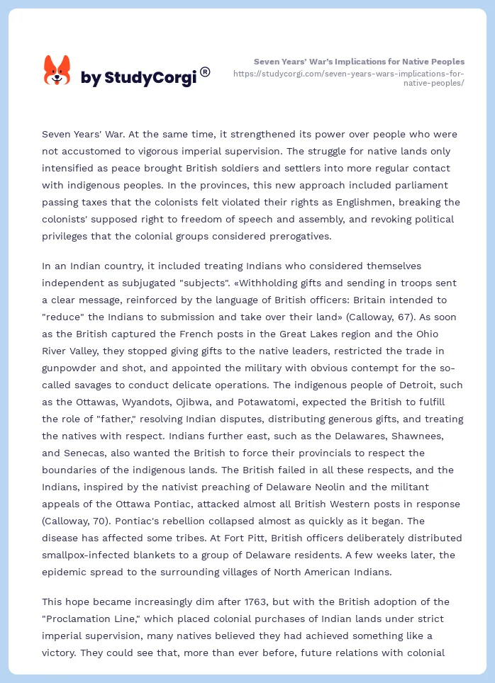 Seven Years’ War’s Implications for Native Peoples. Page 2