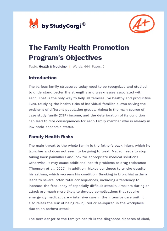 The Family Health Promotion Program's Objectives. Page 1