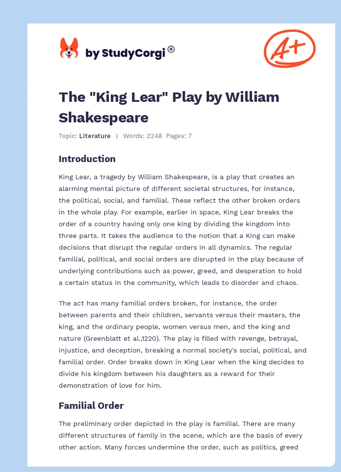 The "King Lear" Play by William Shakespeare. Page 1