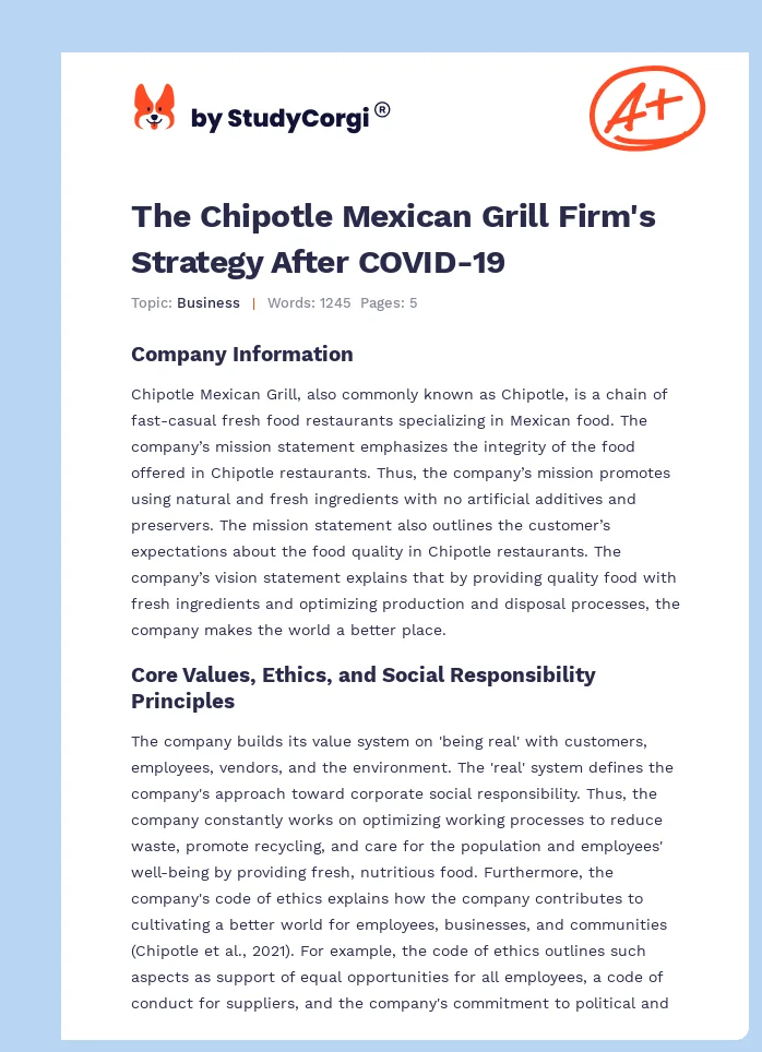 The Chipotle Mexican Grill Firm's Strategy After COVID-19. Page 1