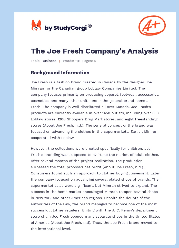 The Joe Fresh Company's Analysis. Page 1