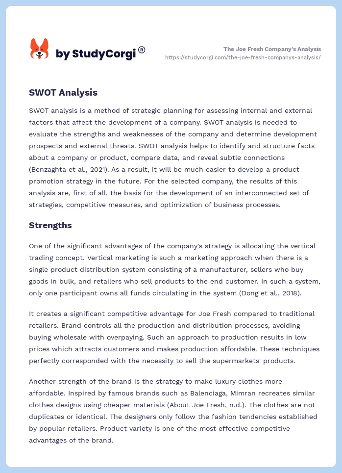 The Joe Fresh Company's Analysis. Page 2