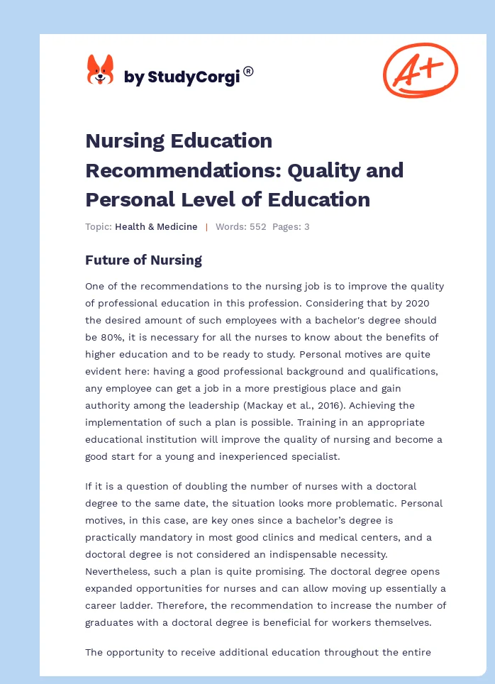 Nursing Education Recommendations: Quality and Personal Level of Education. Page 1