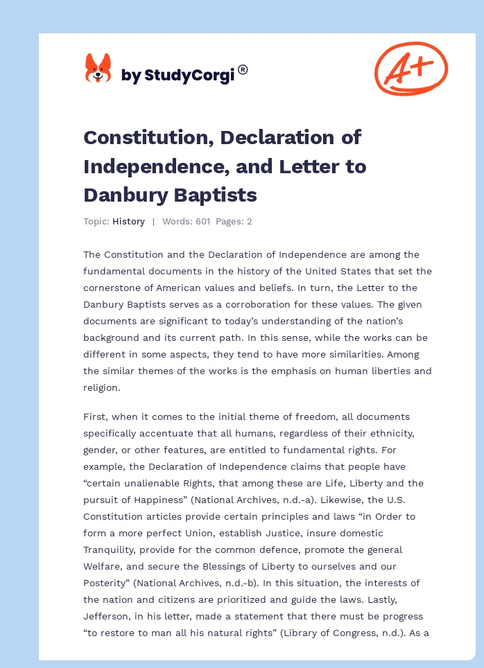 Constitution, Declaration of Independence, and Letter to Danbury Baptists. Page 1
