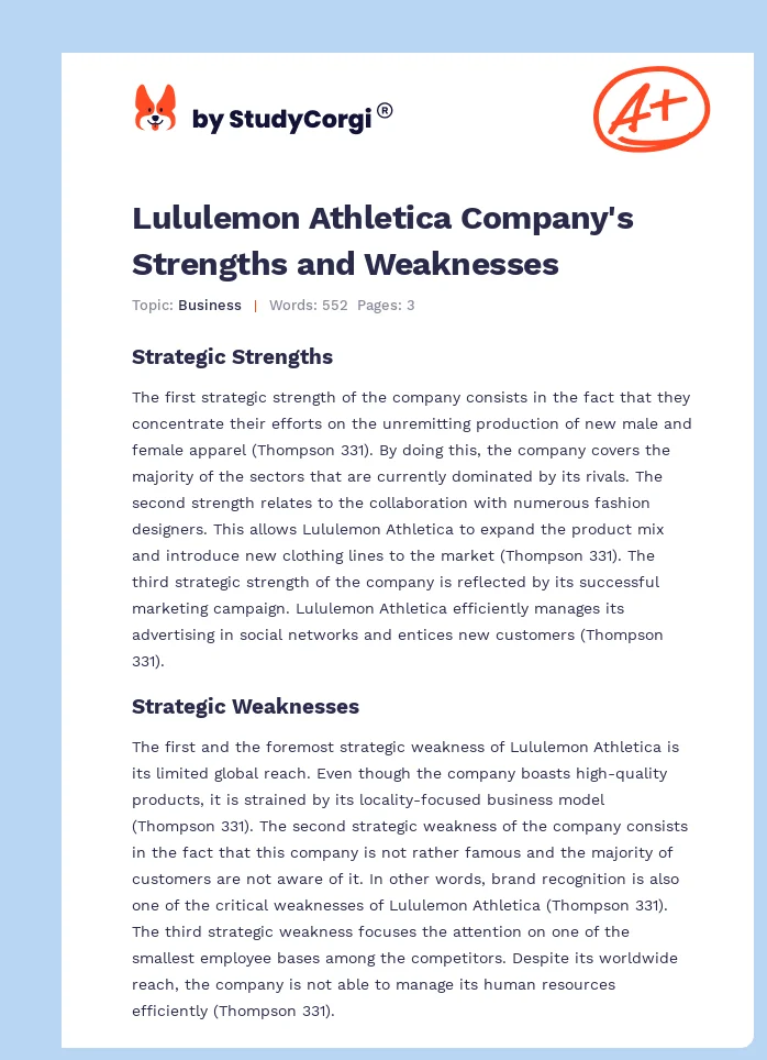 Lululemon Athletica Company's Strengths and Weaknesses. Page 1