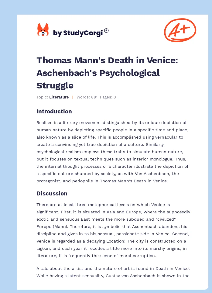 Thomas Mann's Death in Venice: Aschenbach's Psychological Struggle. Page 1